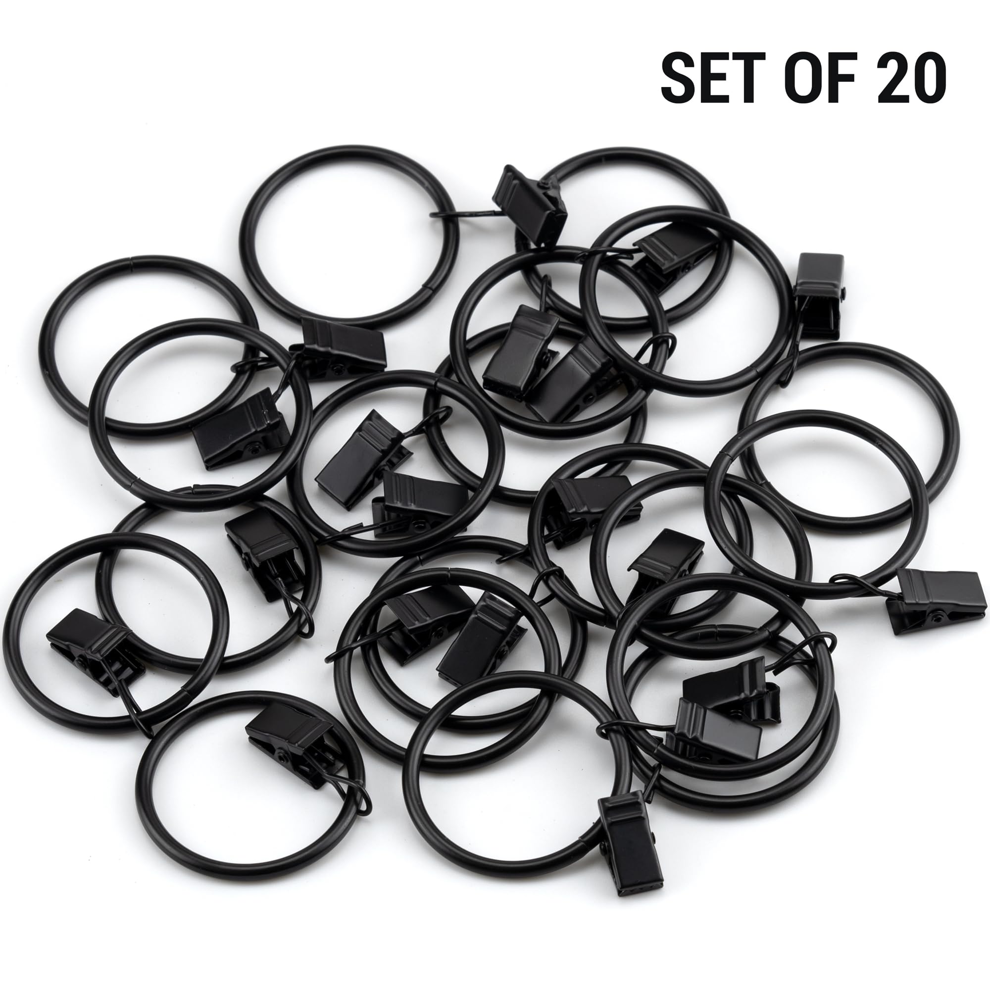 Set of 20, 1.5 Inch Metal Curtain Ring Hooks with Clips, Decorative Curtain Clips and Eyelets, Drapery Ring Hooks, Curtain Rod Hanger Hooks for Bathroom, Black
