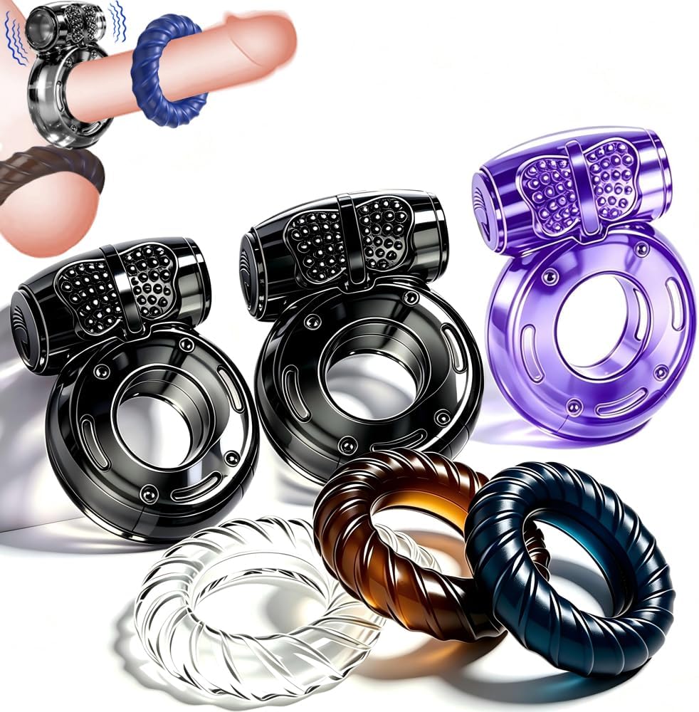 6 Pcs Vibrating Cock Ring Set Waterproof Penis Ring Sleeve Silicone Clitoral Vibrator Stimulator Erection Enhancing Long Lasting Adult Toy for Men and Couples Intimate Pleasure (Black&Blue)