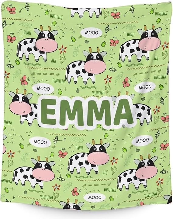 Mercuryelf Custom Cow Throw Blanket - Soft, Fuzzy & Warm - 50x60 Inches Flannel Blankets for Living Room, Sofa - Light Green Cute Throws Gift for Teens