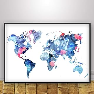World Travel Map, Blue Watercolor Globe, World Map Unique Design Poster Print Traveler, Geography art, Modern Large Earth Atlas Graphic, Unframed print