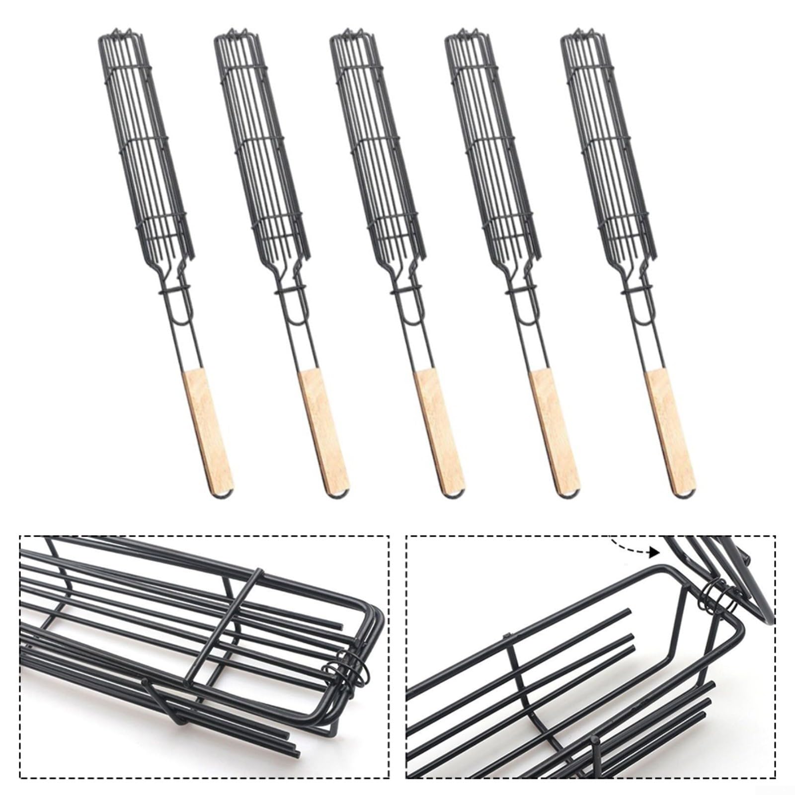 Lot de 5 paniers de barbecue avec poignée en bois, cage en fer, saucisses, hot dogs, viande et légumes, outils de barbecue d'extérieur en maille verrouillable, noir