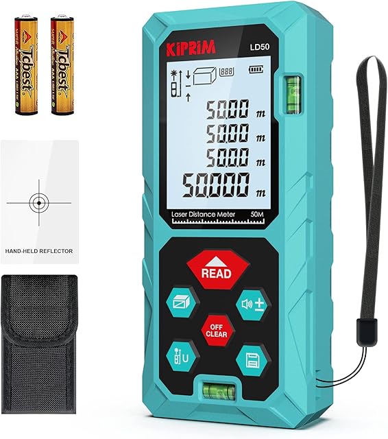 Laser Measure 50m/165ft with 2 Bubble Levels,M/In/Ft Unit switching Backlit LCD,99 Sets Data Storage and Pythagorean Mode, Measure Distance, Area and Volume Kiprim LD50
