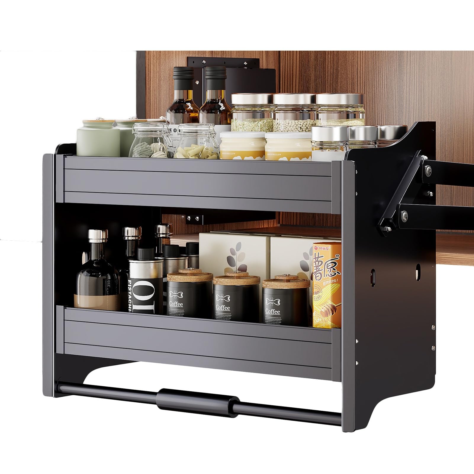 XLTFUC Pull-Down Cabinet Organizer, 2 Layer Kitchen Cabinet Pull-Down Shelf, Space Saving Board for Kitchen Appliance Lift Upper Cabinet 4 Load-Bearing Settings(Black,81x28x54cm)