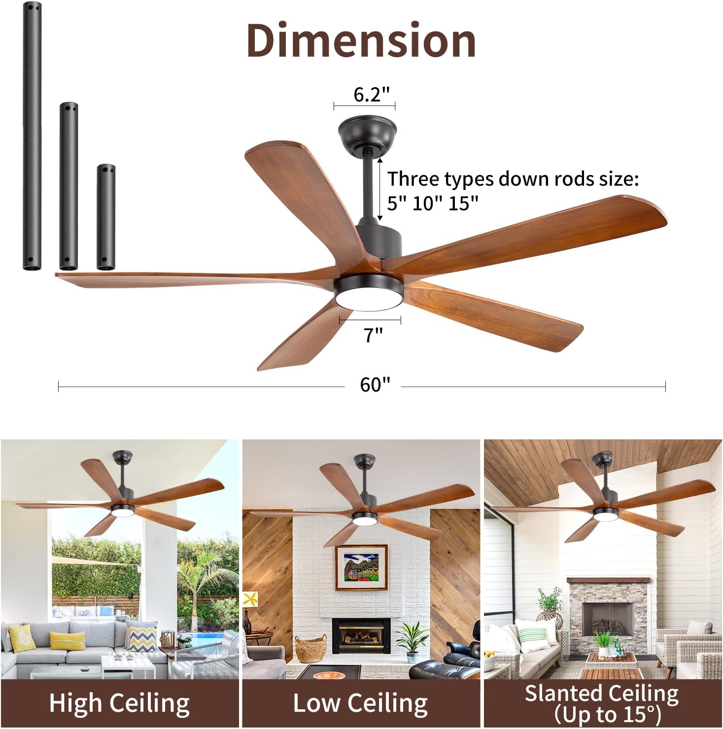 60" Ceiling Fan with Light, 5 Paulownia Wood Blades UL Damp Rated, 3CCT Dimmable LED, DC Motor 6-Speed Reversible, Walnut Finish Indoor Outdoor Bedroom Porch