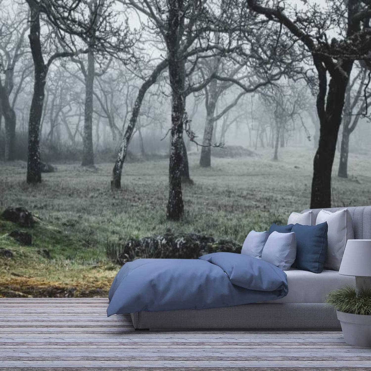 Papier peint mural 3D forêt d'hiver pour agrandir visuellement un salon ou un bureau sombre