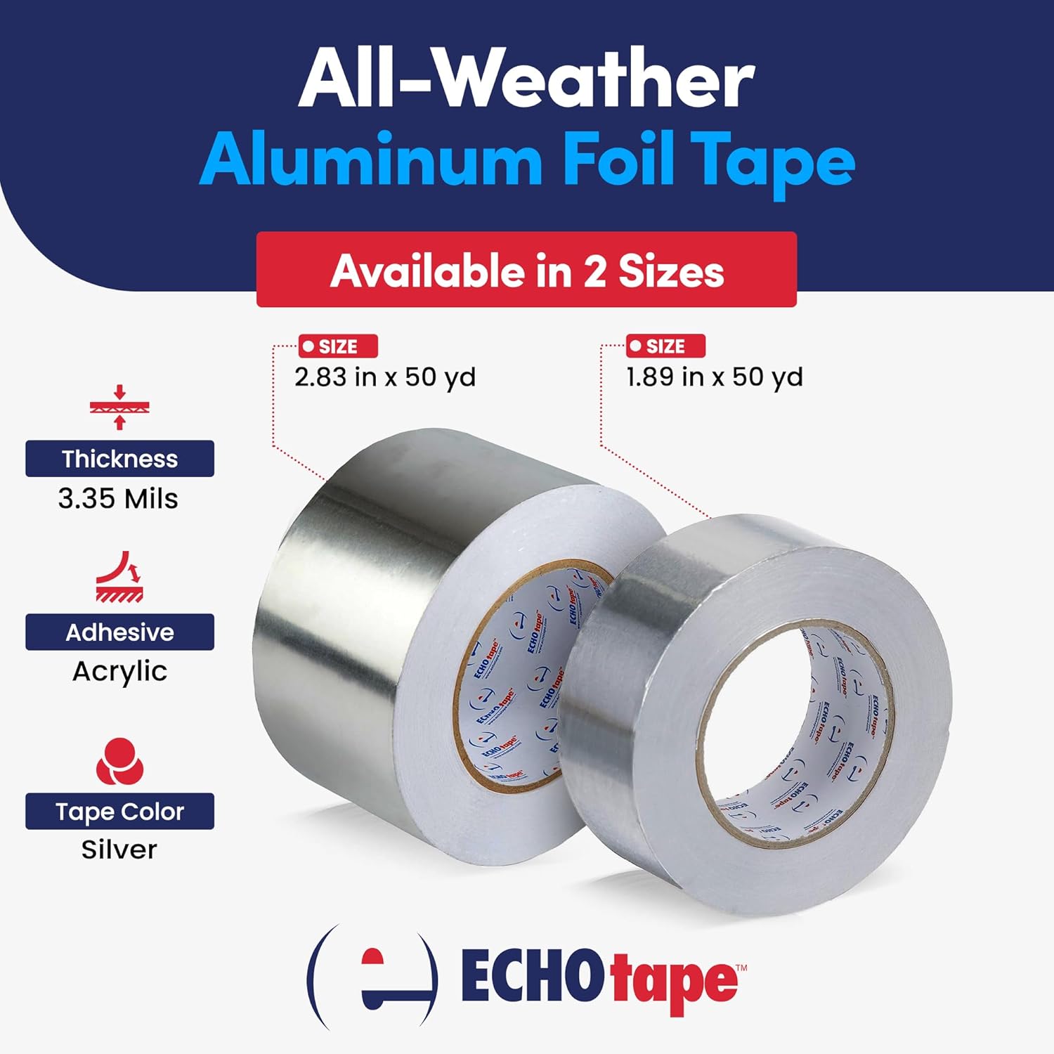 ECHOtape MT-A7772 | All Weather Aluminum Foil Tape | Indoor-Outdoor Tape | Vapor Sealing Tape | FSK Seaming Tape | Silver Tape | Sealing Tape | Patching Tape | Seam Tape | 2.83 in x 50 yds