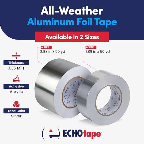 ECHOtape MT-A7772 Foil Insulation Tape All Weather Silver 1.89 in x 50 yd | Indoor and Outdoor, FSK Seaming, Aluminum Foil Tape, Vapor Sealing, Indoor And Outdoor Use, All Weather Performance, Silver