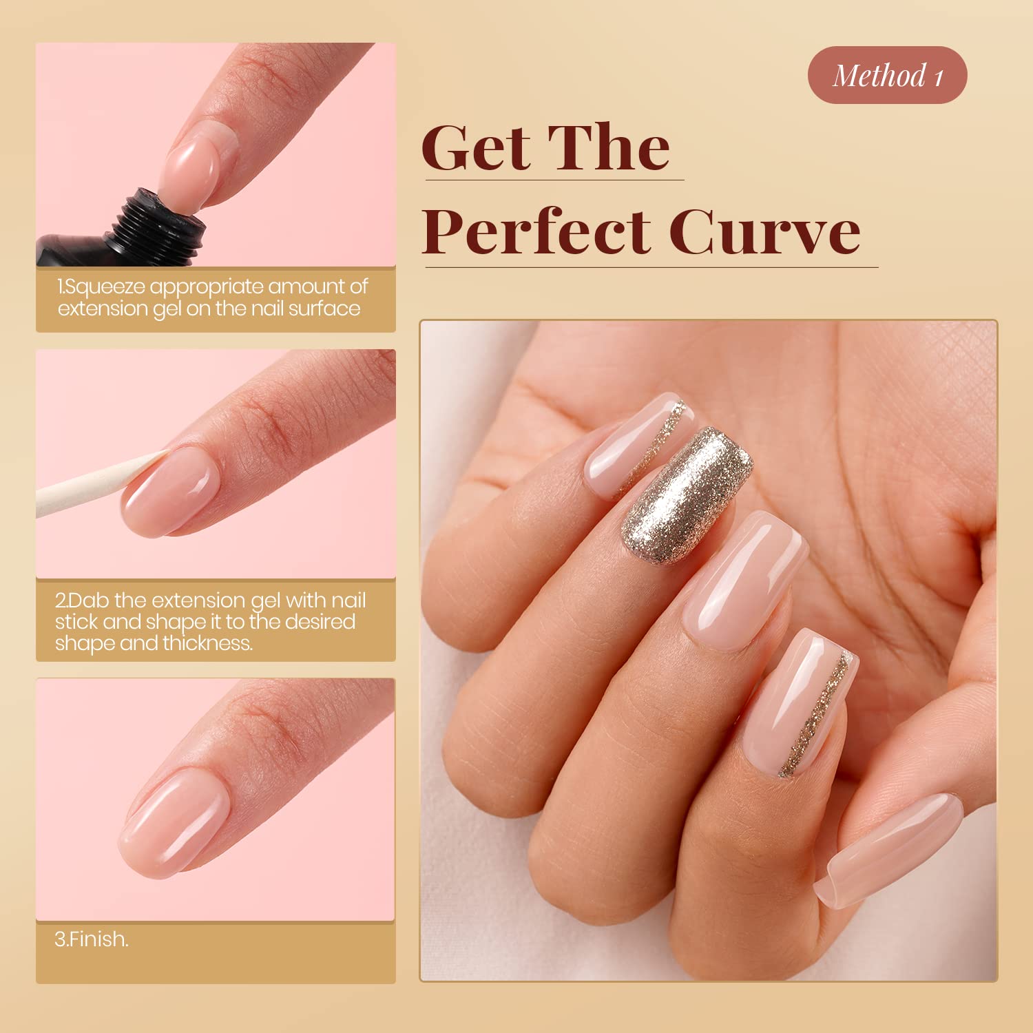 Beetles Gel Nail Kit with 2 In 1 Base Gel and Nail Glue Gel, 100pcs C Curve Nail Tips, 30g Milky and Apricot Poly Nail Gel Colors Slip Solution and Nail Lamp DIY Nail Art Acrylic Nail Kit Easy Nail Extension Set