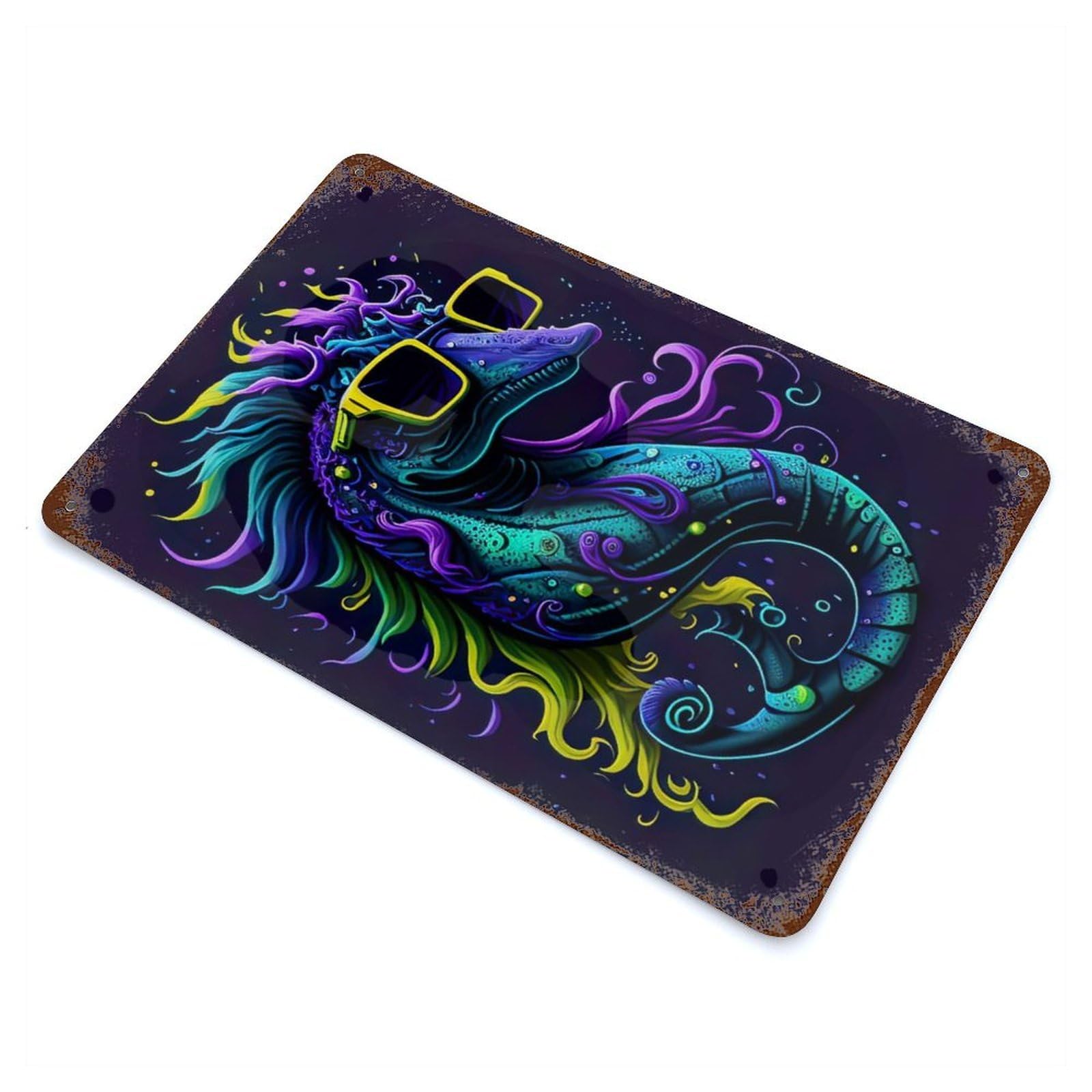 Cute Whimsical Seahorse 11.8"x7.9" Rustic Tin Plaque, Novelty Wall Decor for Living Room, Hallway And Home Decor