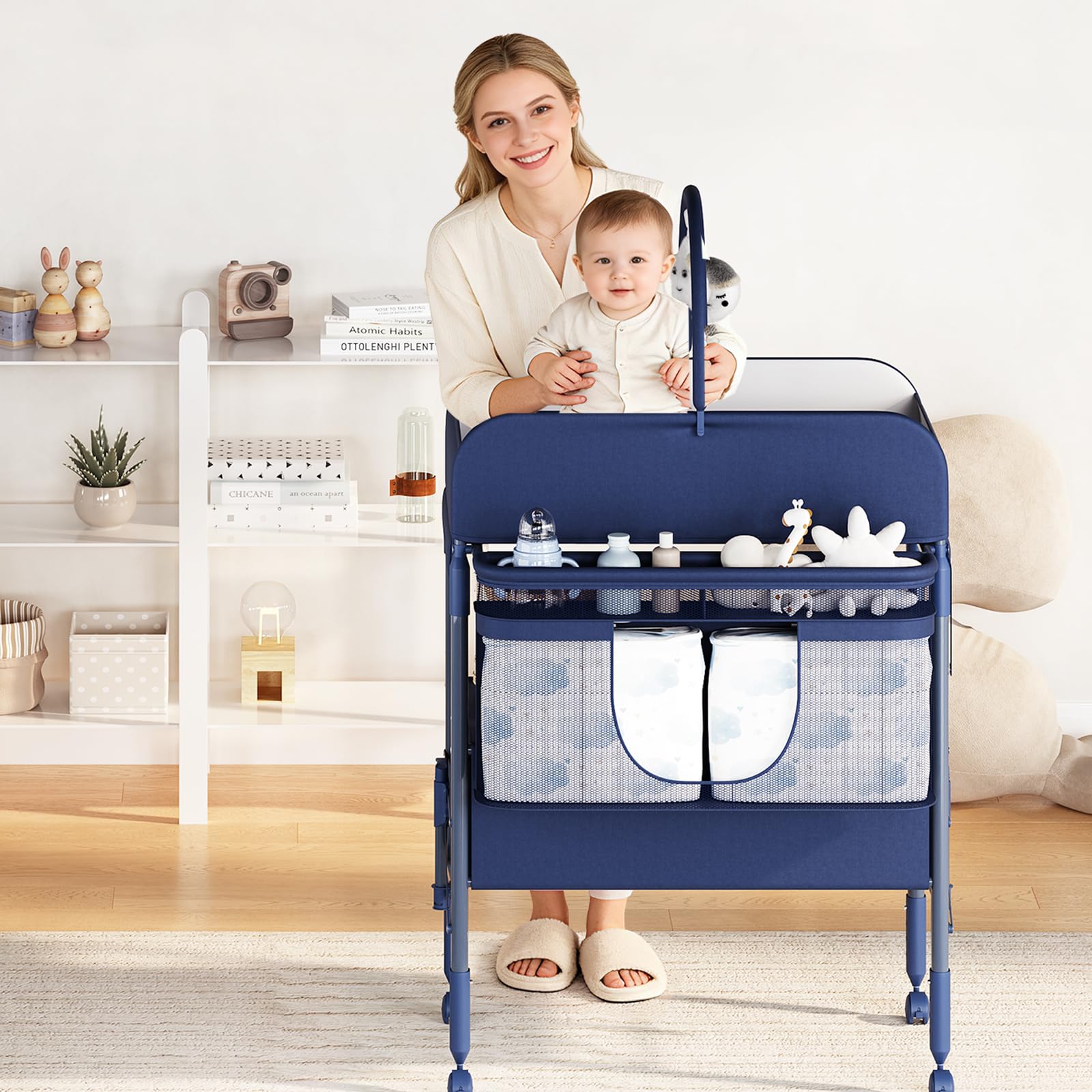 Fasciatoio Portatile E Pieghevole, Stazione Portatile, Altezza Regolabile, Materasso Impermeabile, Cassetti Di Conservazione Per Neonato E Neonato,Blu