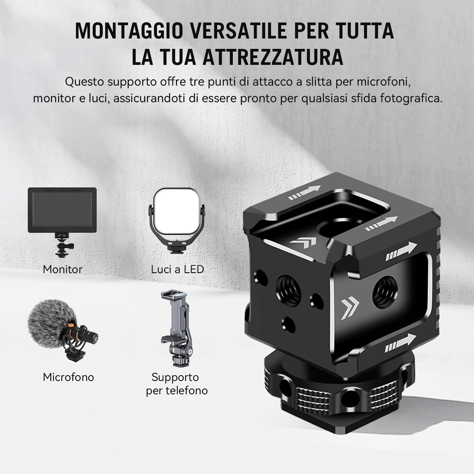 Supporto triplo per slitta fredda con filettatura da 1/4", staffa di estensione hot shoe in alluminio per fotocamera con 3 porte per slitta fredda per monitor con luce video a LED, microfono