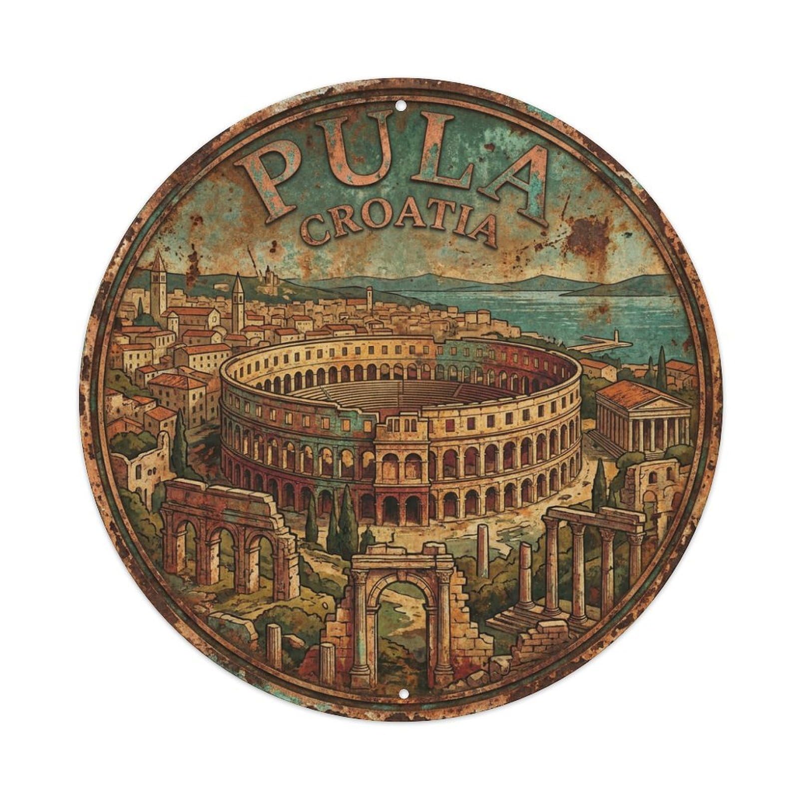 Xanthor Style Croatia Retro Travel Pula Metal Tin Sign