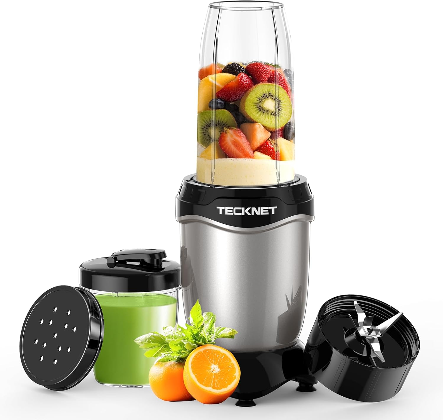 TECKNET 600W Powerful Personal Blender Smoothie Maker - 25,000 RPM Extractor Corded Juicer Blends Fruits, Vegetables, Nuts, Ice for Smoothies & Juices, with 500ml Portable Cups, 150ml Grinding Cup