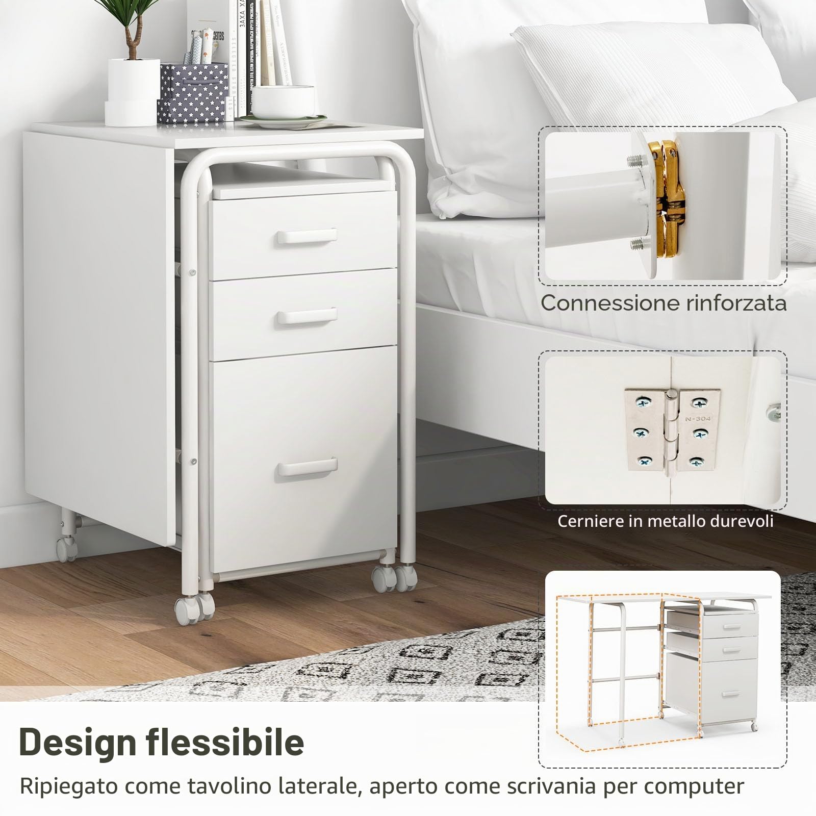 LIFEZEAL 2 in 1 Scrivania Ufficio, Scrivania Mobile Porta Computer, con 3 Cassetti, Piano Pieghevole, 6 Ruote, Salvaspazio, Tavolo, Postazione di Lavoro, Metallo+Legno, Max 100kg, 105x50x75 cm, Bianco