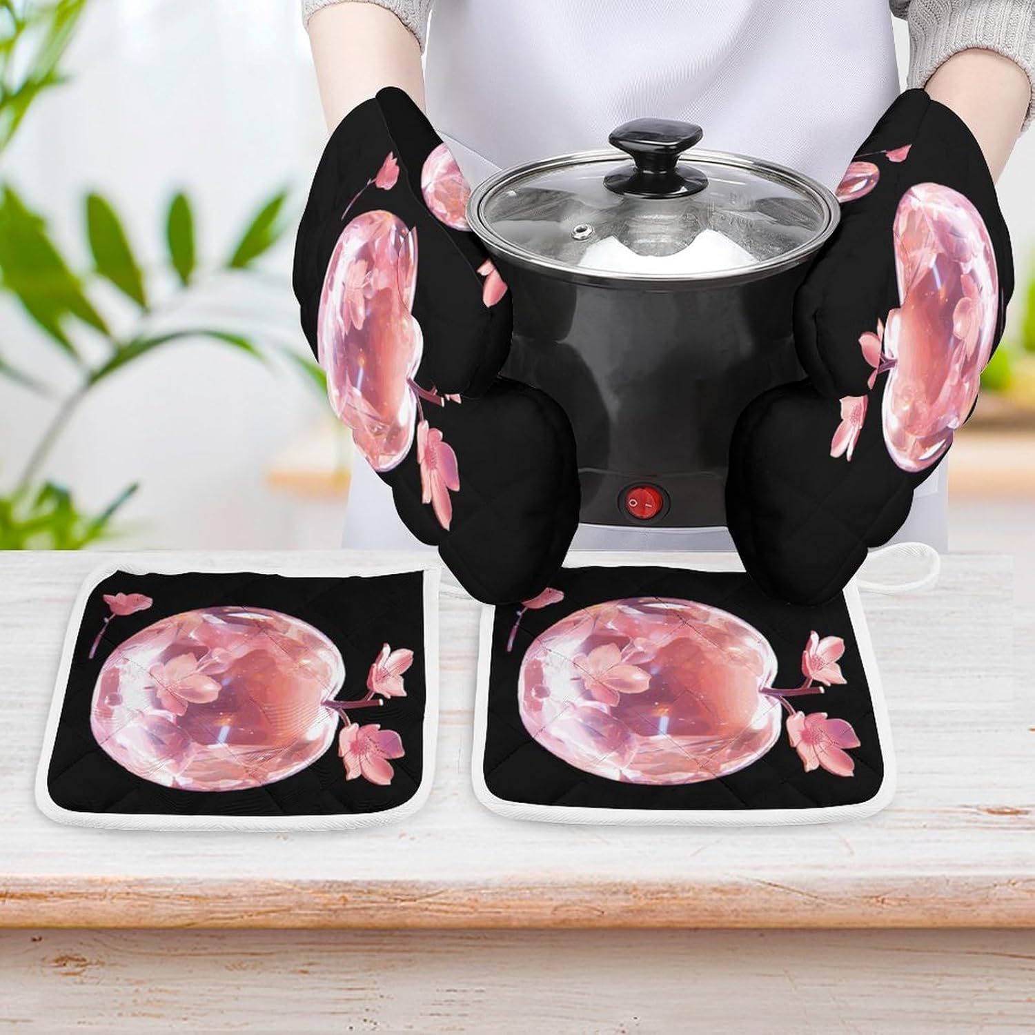 Crystal Apples 4 Pcs Oven Mitts and Pot Holders Set High Heat Resistant Long Kitchen Oven Glove Potholders