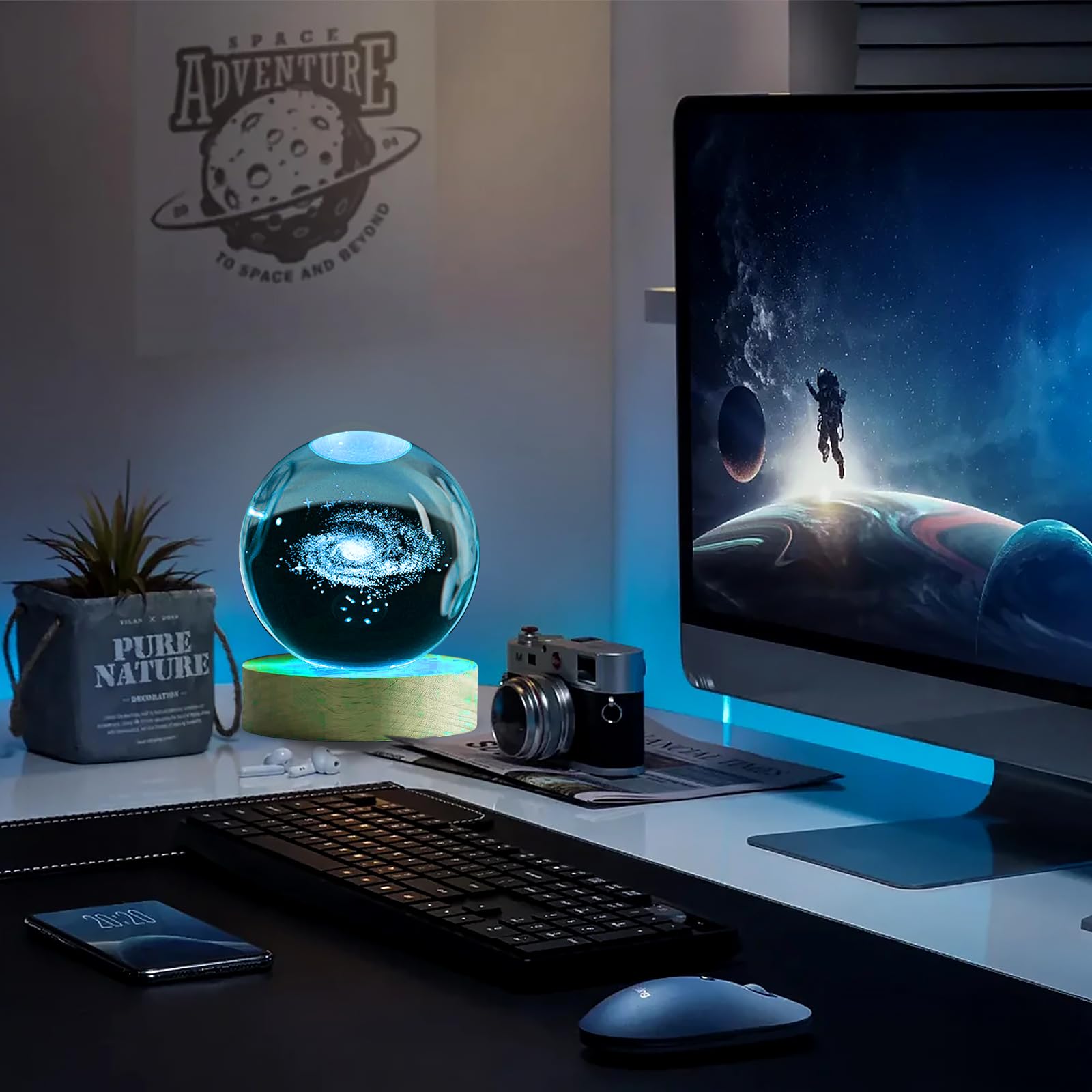 Umikk Sfera di cristallo 3D, luce notturna, 80 mm, con sistema solare 3D, con attacco in legno, idea regalo