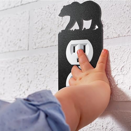 Miniatura 5 de Lothee Cubierta de metal para interruptor de oso, alce, árbol, montaña, alce, placa de luz negra, cubierta de salida de bosque, interruptor de