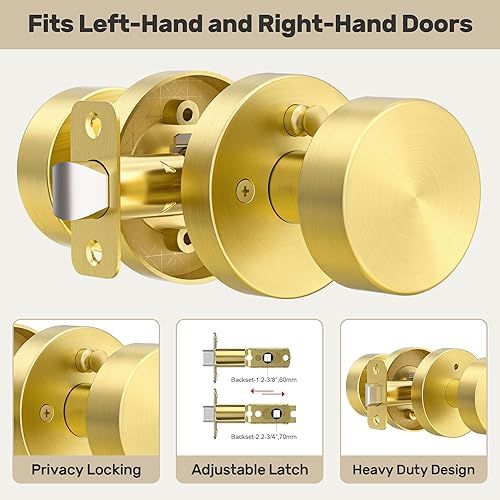 Miniatura 3 de Perillas de puerta doradas de privacidad para interiores, de latón satinado, con cerradura, resistente, moderna, redonda, dorada, cepillada, para