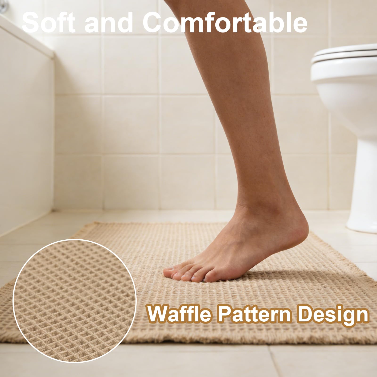 VINATO 2 Pezzi Tappeto Bagno Set, 121x50cm + 61x43cm, Antiscivolo Tappeti Bagno in Microfibra a Texture a Waffle | Lavabile in Lavatrice per Bagno, Doccia, WC | Morbido e Assorbente, Kaki