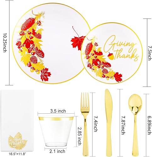 Miniatura 6 de Hioasis 175 platos de plástico blanco y platos desechables dorados y servilletas preenrolladas, cubiertos dorados que incluyen 25 platos de cena, 25