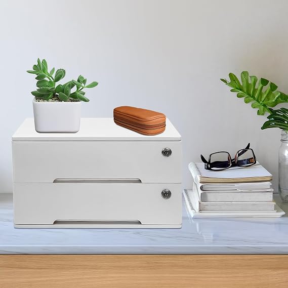 Wooden Desktop Storage Box, 2-Tier Countertop Desk Accessories Box with Lockable Drawers, Office Supplies File Organizer, Flat File Cabinet for Office, Study, Dresser, Kitchen (White)