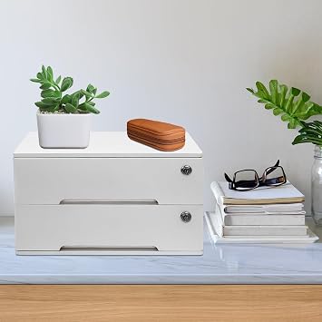 Wooden Desktop Storage Box, 2-Tier Countertop Desk Accessories Box with Lockable Drawers, Office Supplies File Organizer, Flat File Cabinet for Office, Study, Dresser, Kitchen (White)