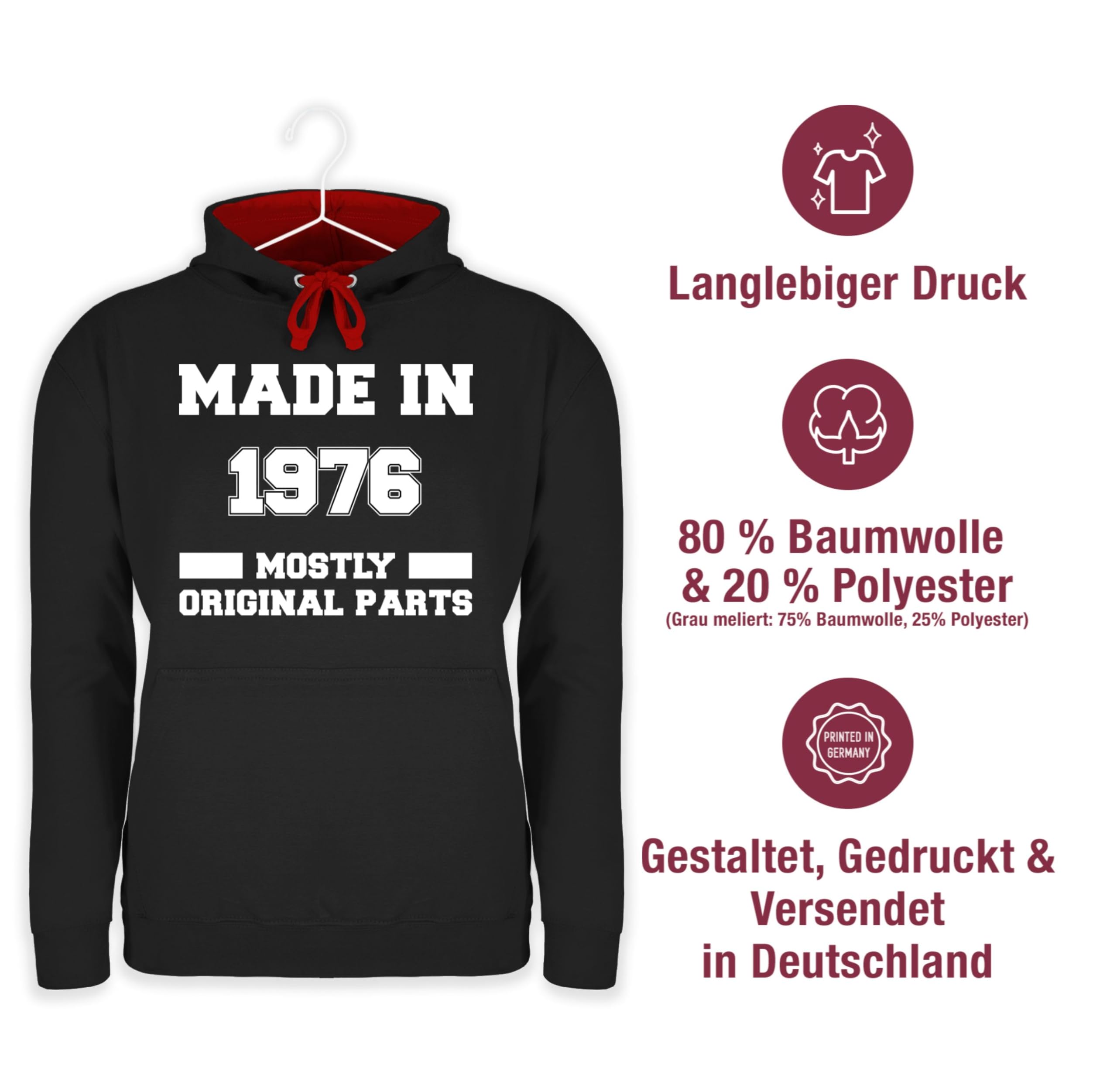 Pullover Herren Frauen Hoodie Kontrast zweifarbig - 50. Geburtstag - Made in 1976 - mostly original parts - 4XL - Schwarz/Rot - 50 1973 pullis 50.geburtstag 1972 hoodies 50er (50) 50iger fünfzig