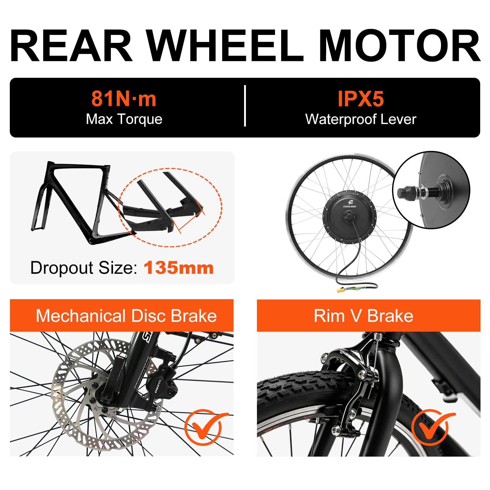 ESOULBIKE 52V 2KW Electric Bicycle Kit - High Speed Electric Bike Conversion Kit Rear Hub Motor for 26 27.5 28/29”/ 700C Bikes