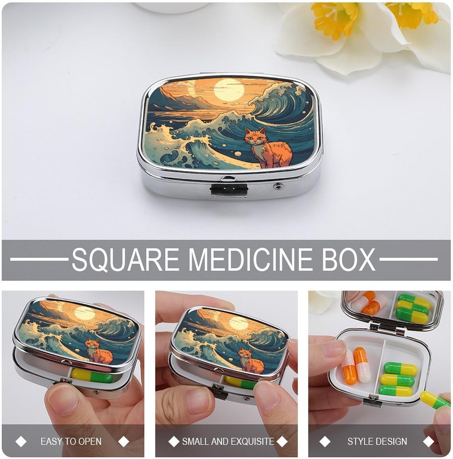 Anime Style Cat Portable Square Travel Double-Compartment Pillbox, Vitamin Organizer, Unisex. image 4
