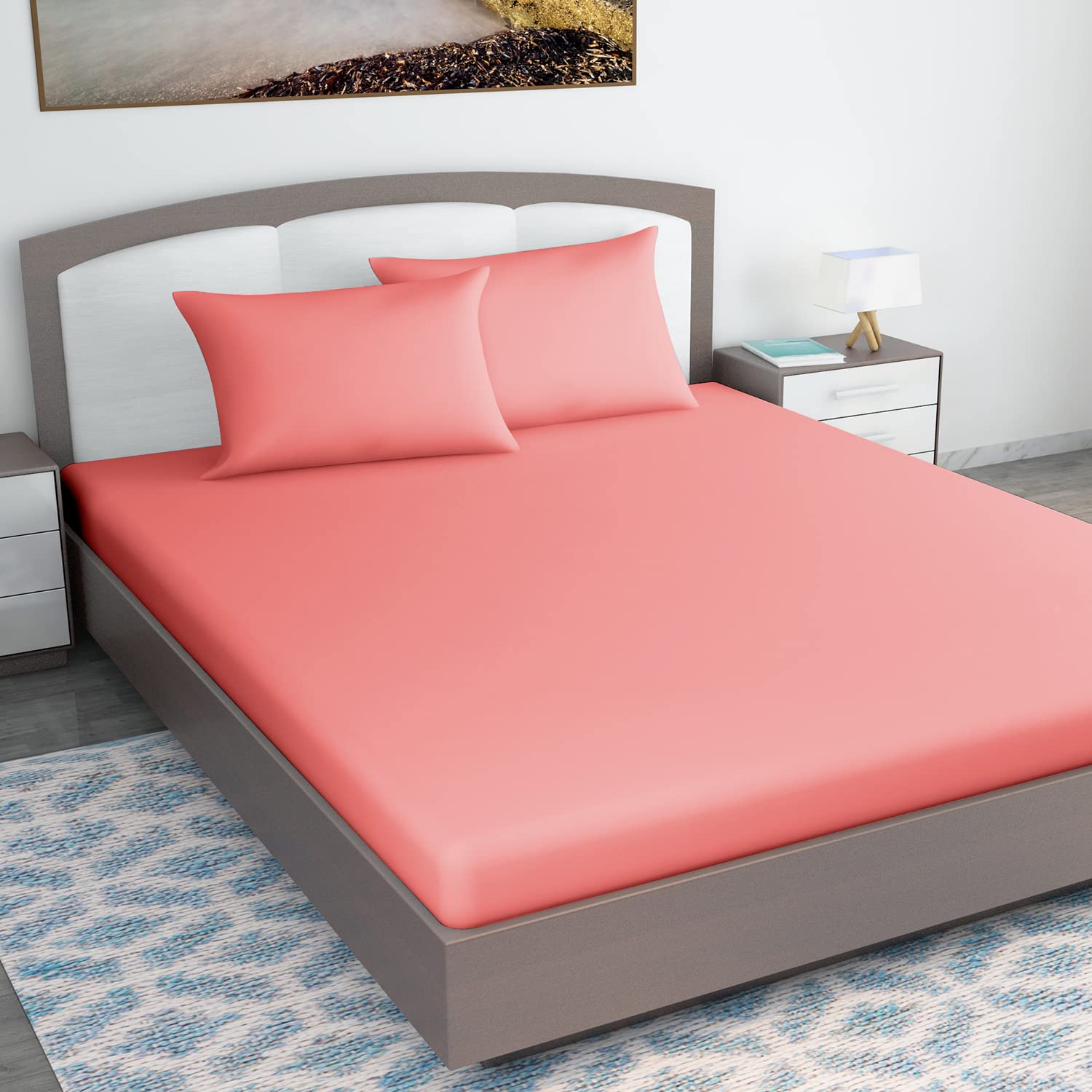 Divine Casa 100% Microfiber Solid Design Elastic Closure Double Bed Fitted Bedsheet with 2 Pillow Covers, Peach