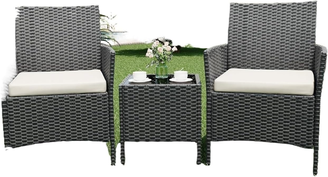 A Three-piece Set Including a Rattan Rocking Chair, a Glass Table and Cushions, Suitable for porches, Balconies and backyards.(Black+Beige)