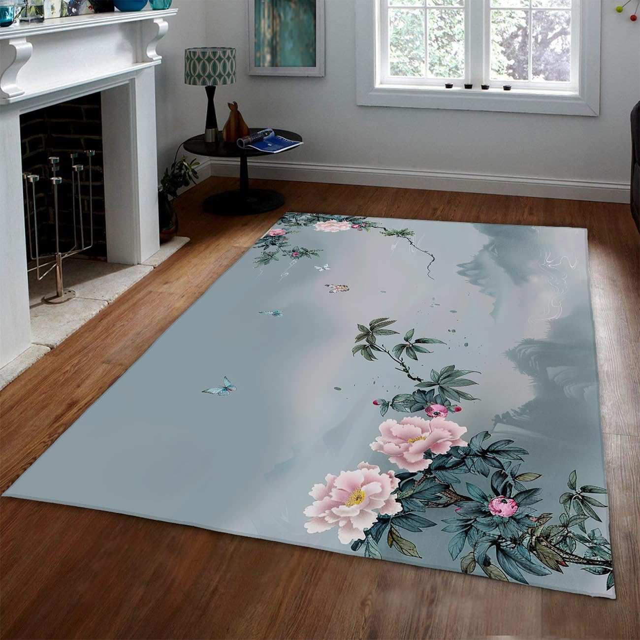 Tapis antidérapant pivoines roses 180x210cm lavable pour protéger le sol de chambre