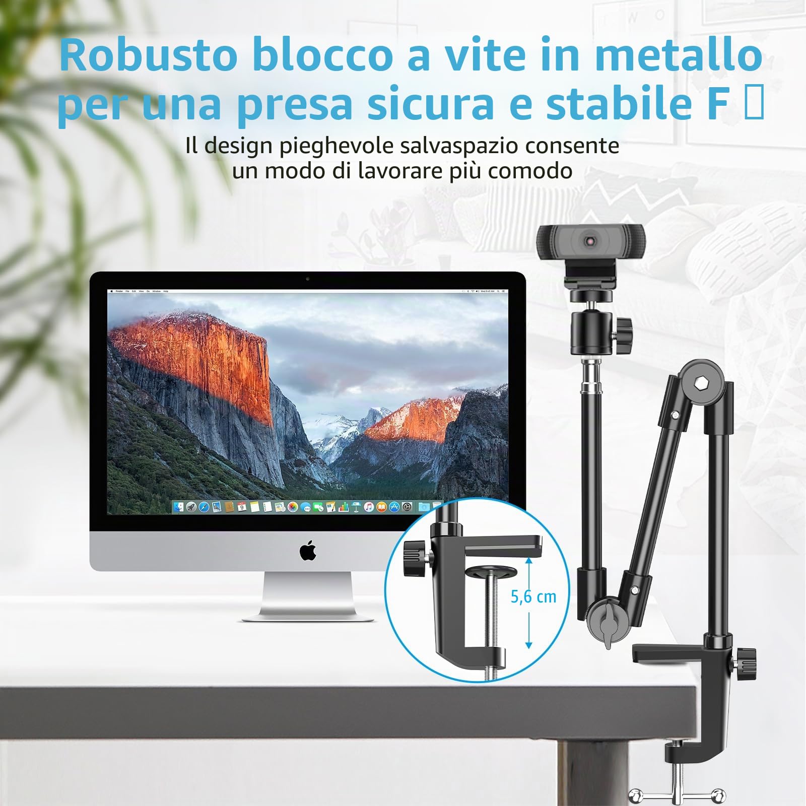 KDD Supporto Webcam Braccio e Camera da Tavolo con 22 Pollici Pieghevole Flessibile a Collo d'oca Morsetto per Cellulare Telefono Supporto per Proiettore per Webcam Full HD 1080p Webcam-10