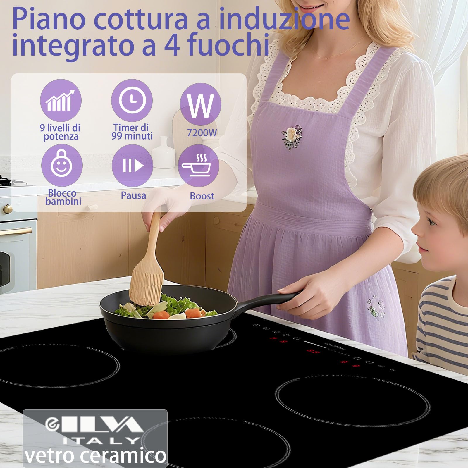 Płyta indukcyjna z 4 palnikami, 59 cm, 7400 W, płyta indukcyjna STARCHARTS z funkcją Boost, bezpieczeństwo dzieci, suwak dotykowy, pauza, timer, szkło Italy ILVA
