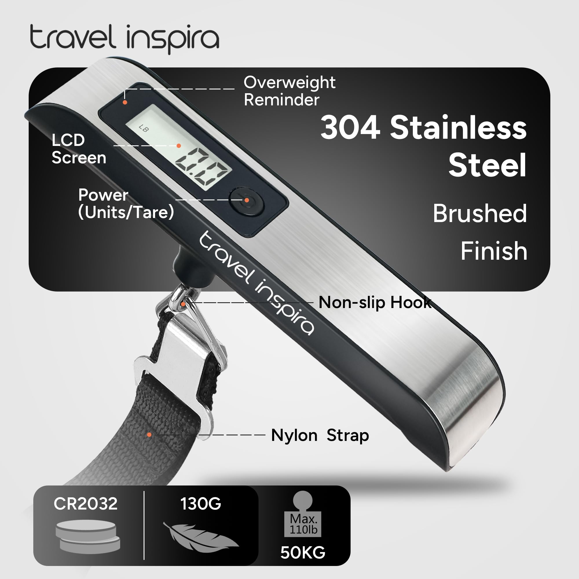travel inspira Digital Luggage Scale – Portable Hanging Suitcase Weight Scale for Travel, 110 lb Capacity, Backlit LCD Display, Prevents Airport Overweight Fees, Battery Included view 6