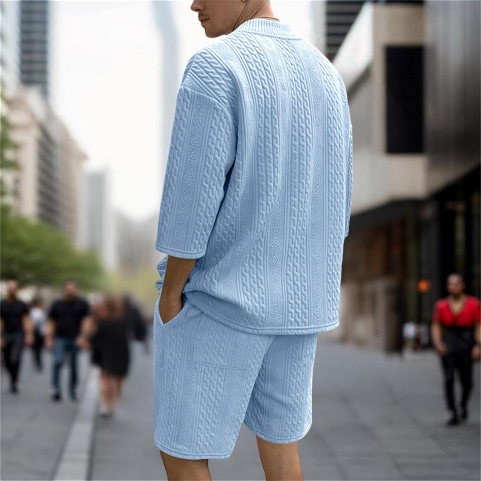Generisch Chándal para hombre, jacquard, chándal de dos piezas, traje de verano, cuello de pico, camiseta y pantalones cortos, holgado, informal, para vacaciones en el resort