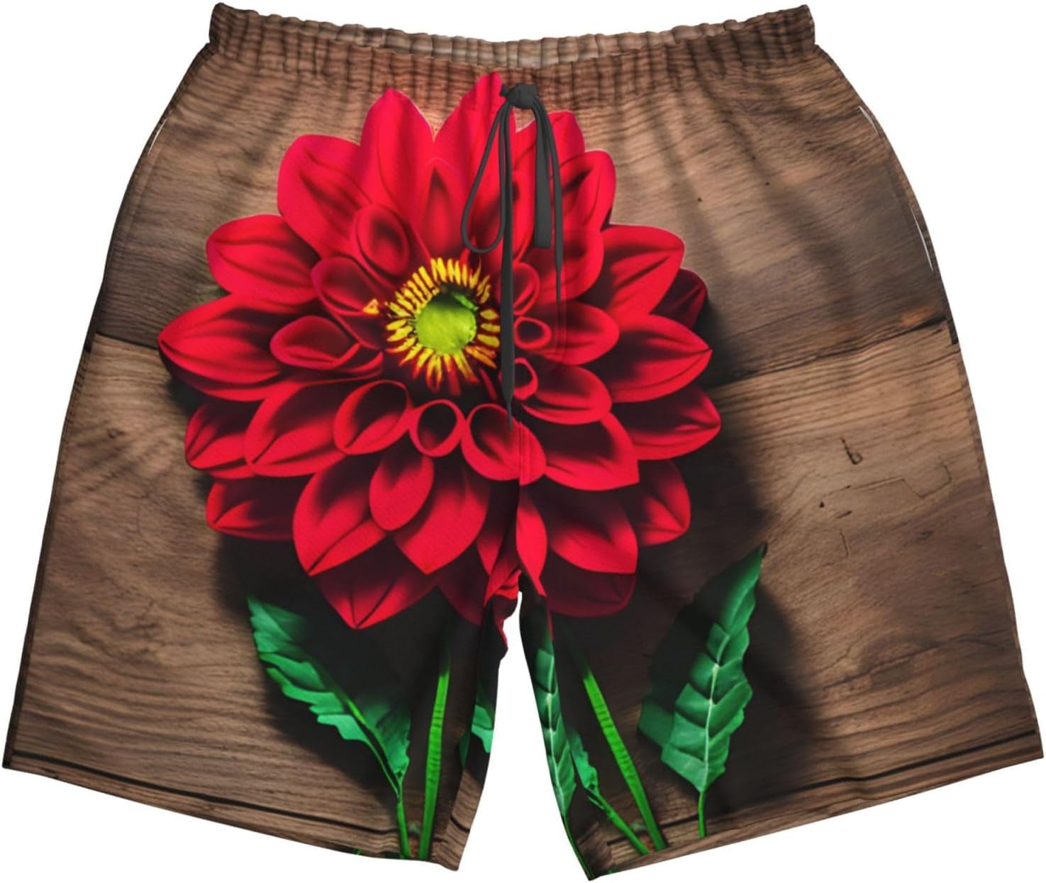 Mens Wooden Board Retro Flower Red Dahlia Print Beach Shorts,Casual Summer Shorts for Men,Quick Dry Polyester