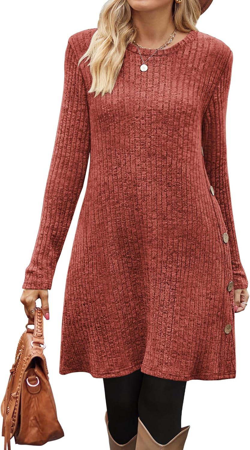 OFEEFAN Fall and Winter Tunic Dress with Pockets Long Sleeve Crew Neck Buttons Side - Image 3