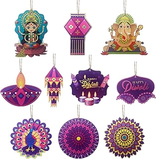 Lot de 20 décorations de Diwali, décorations de Diwali en bois pour maison, maison, château lumineux Rangoli à suspendre, en forme de lanterne Diya, décoration de mariage indien Pooja