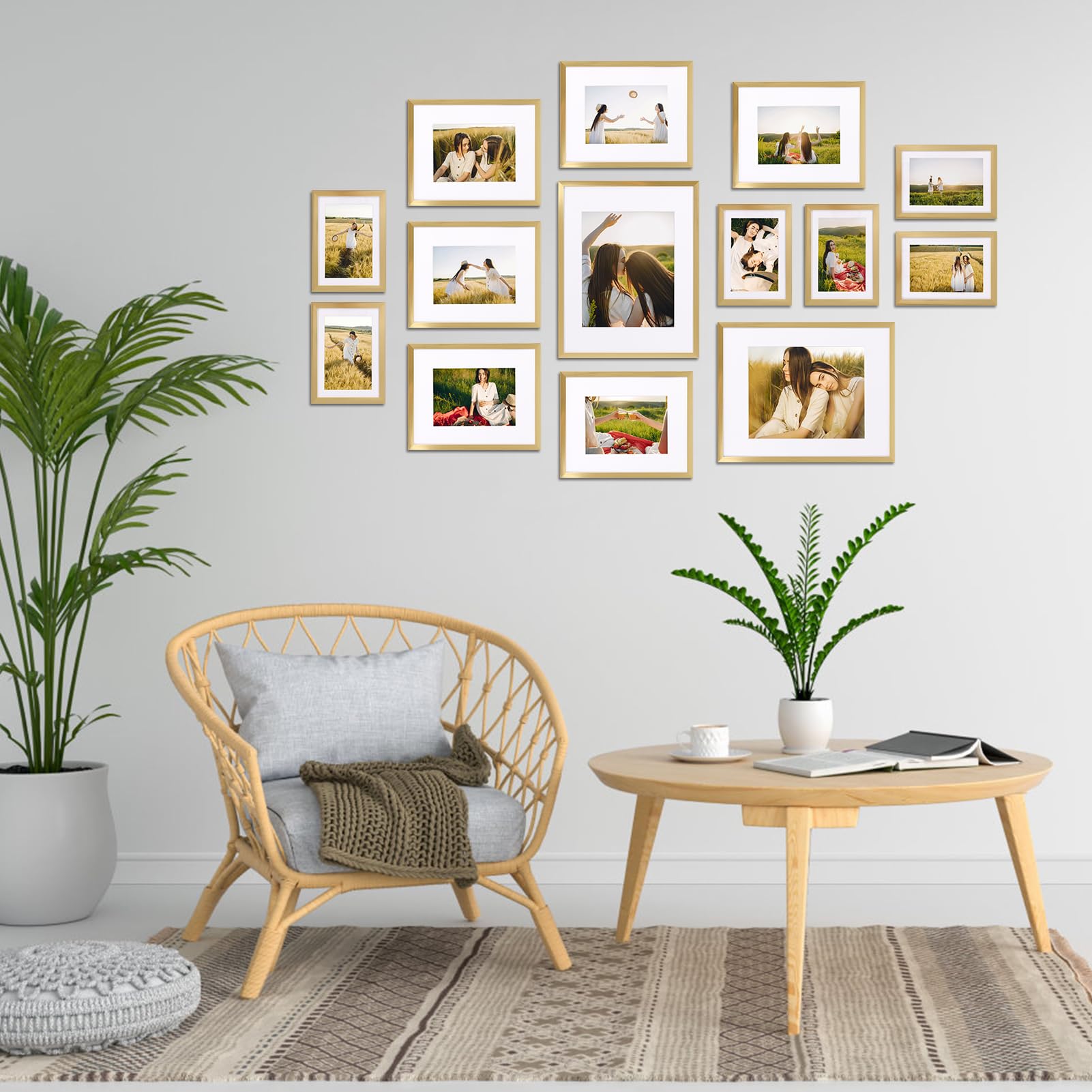 Giftgarden Paquete de 14 portarretratos dorados con paspartú para fotos de varios tamaños, juego de marcos surtidos que incluye dos de 11 x 14, seis de 8 x 10, seis de 5 x 7, marco de fotos de galería