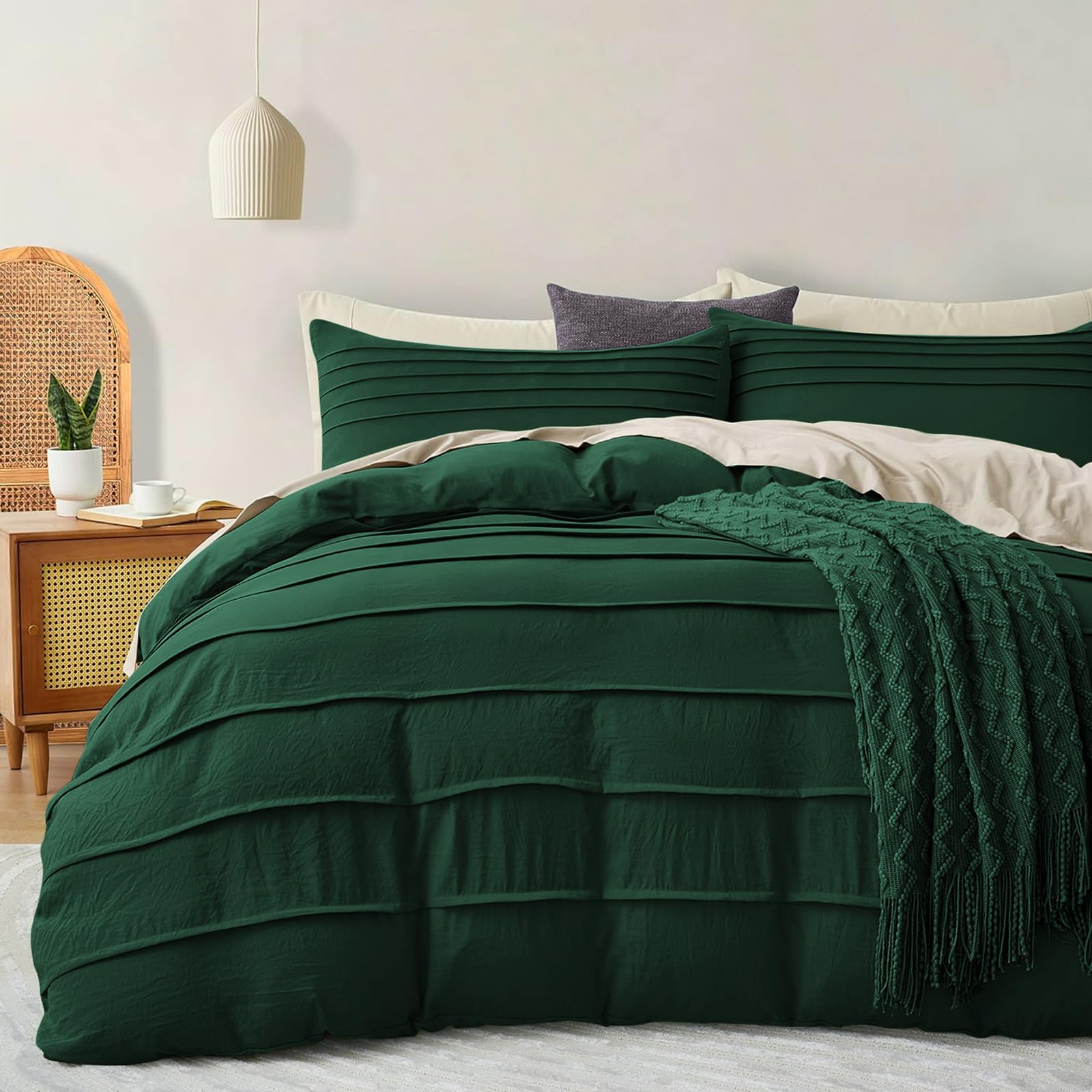 DJY Green Duvet Cover Set Double Boho Pleated Microfiber Bedding 3PCS