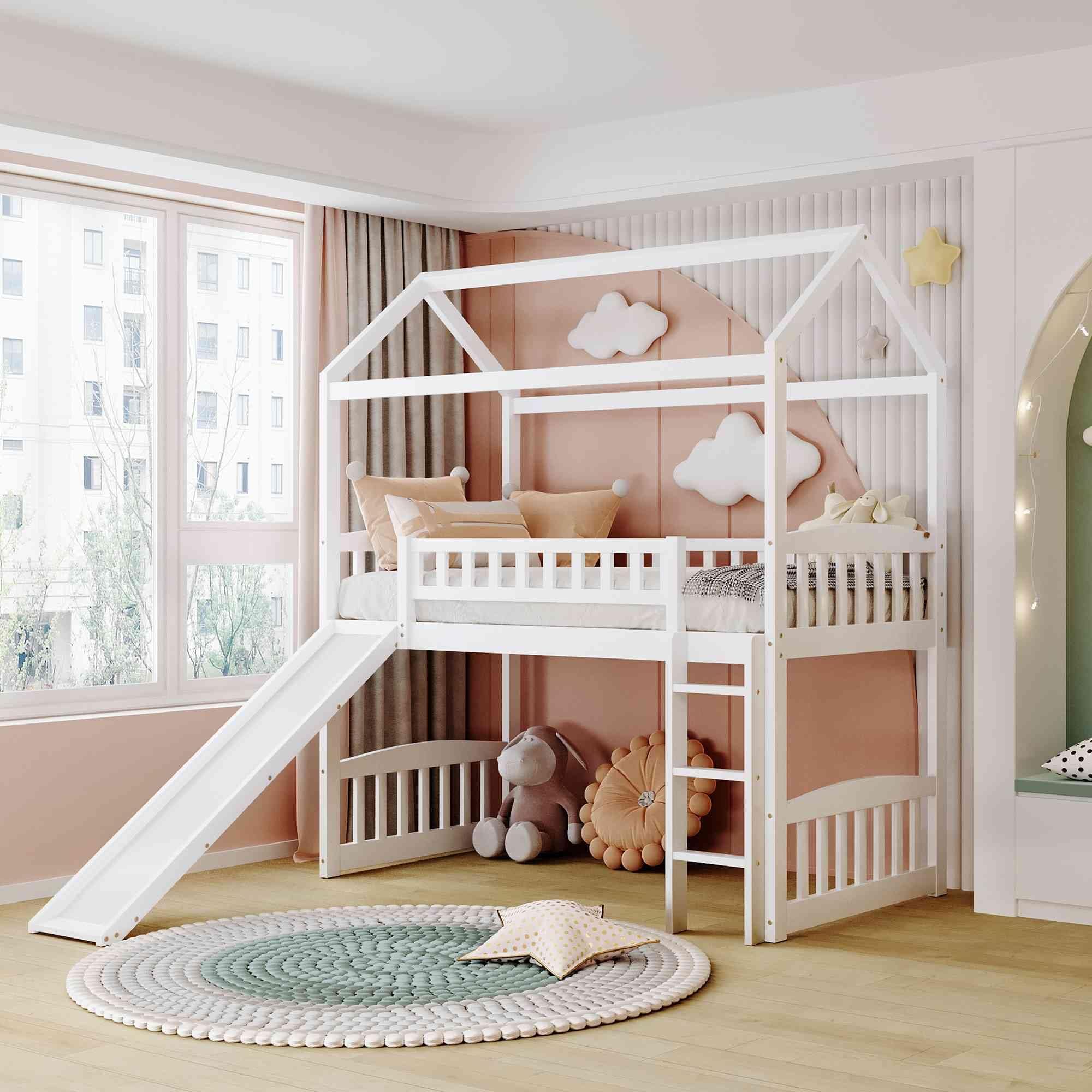 Tulib Twin Size House Loft Bed with Slide for Kids, Wood Bedroom Bedfram w/Full-Length Guardrail, No Box Spring Need, White