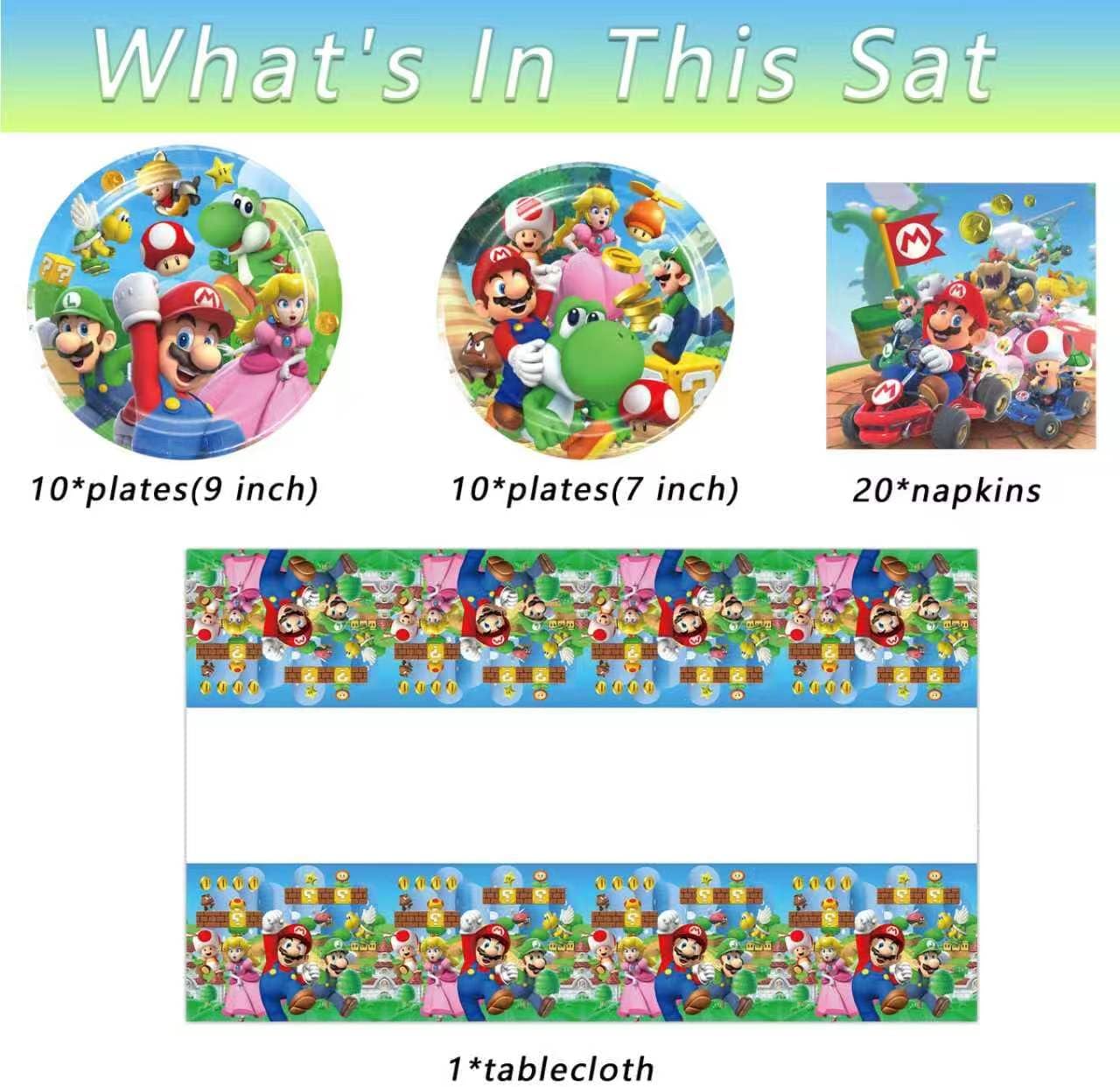 Mario Party Tableware, 20 Plates and 20 Napkins and Tablecloth71 '' x 42 ''Super Bros Birthday Party Decorate Supplies