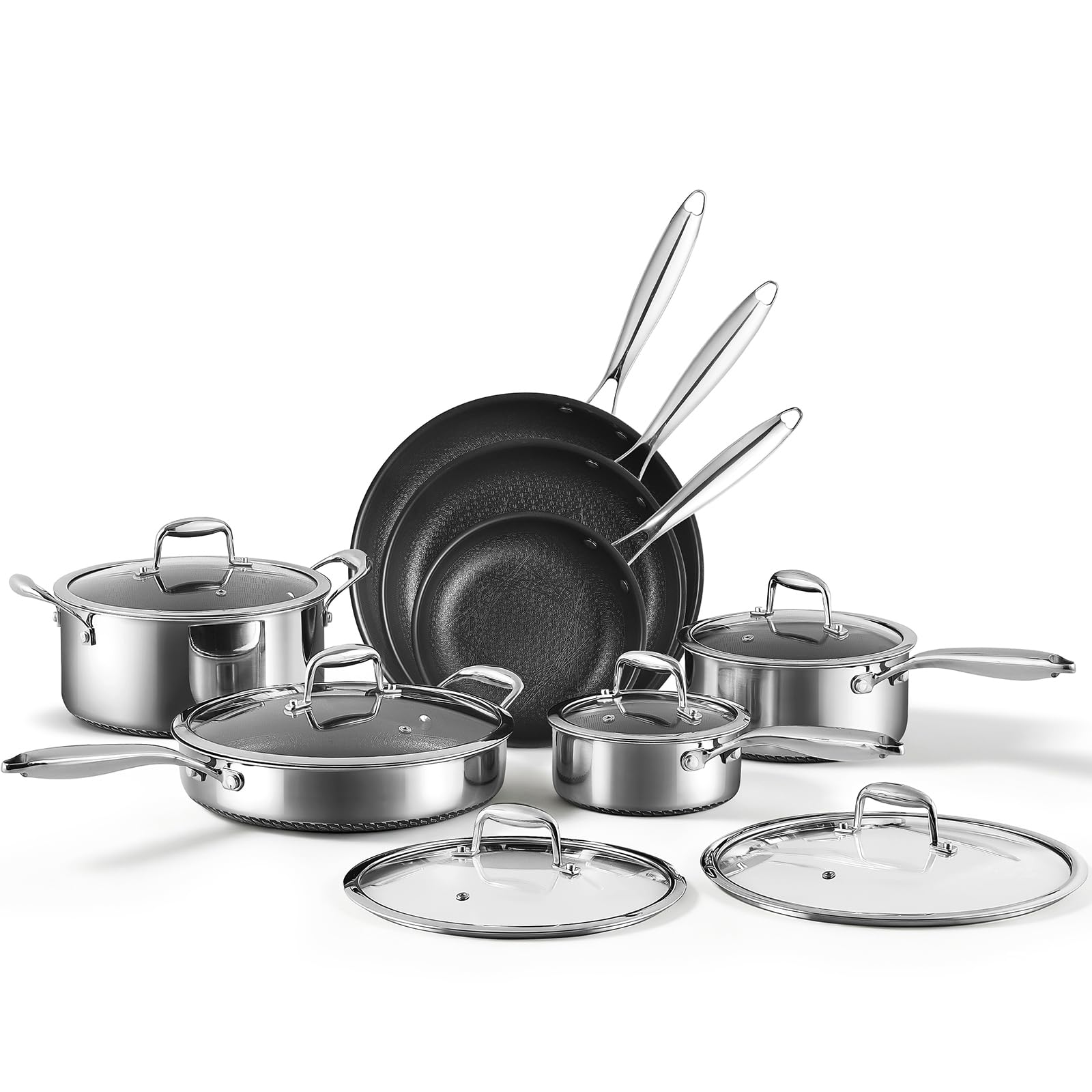 13Pcs Nonstick Pots and Pans Set Stainless Steel Cookware Sets | Hybrid Titanium Non Stick Frying Pans, Saucepans, Saute Pan & Stock Pot, PFOA Free Kitchen Skillet, Induction Compatible