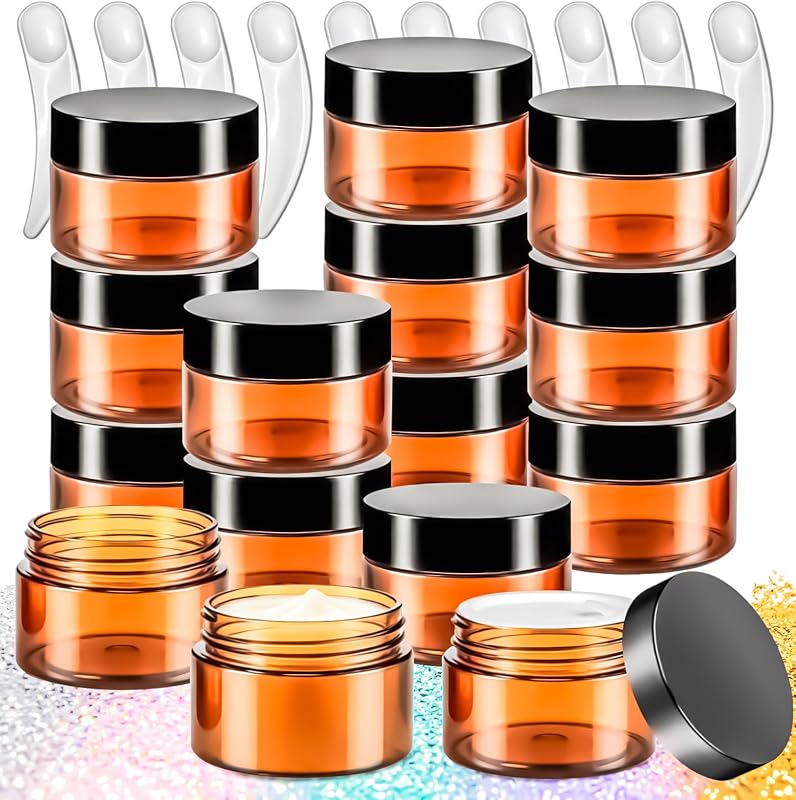 MotBach Frascos Plásticos Âmbar Recarregáveis com Tampa Preta, 30 g, Pacote com 15