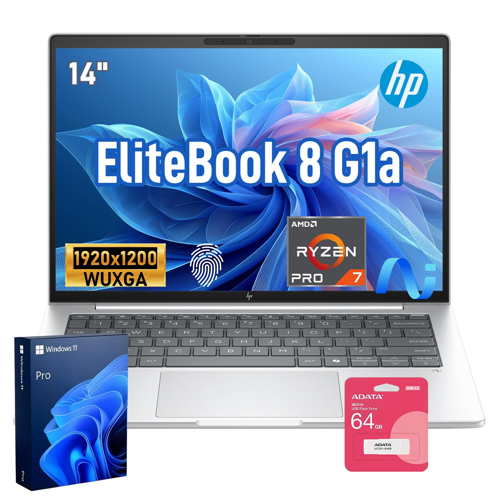 HP EliteBook 8 14" AMD Ryzen 7 Pro 250 Business Laptop, 32GB DDR5 1TB SSD | FHD+ 100% sRGB, Fingerprint Reader, Backlit Keyboard, Thunderbolt 4, Wi-Fi 7, 5 MP IR AI Camera, Windows 11 Pro, Silver