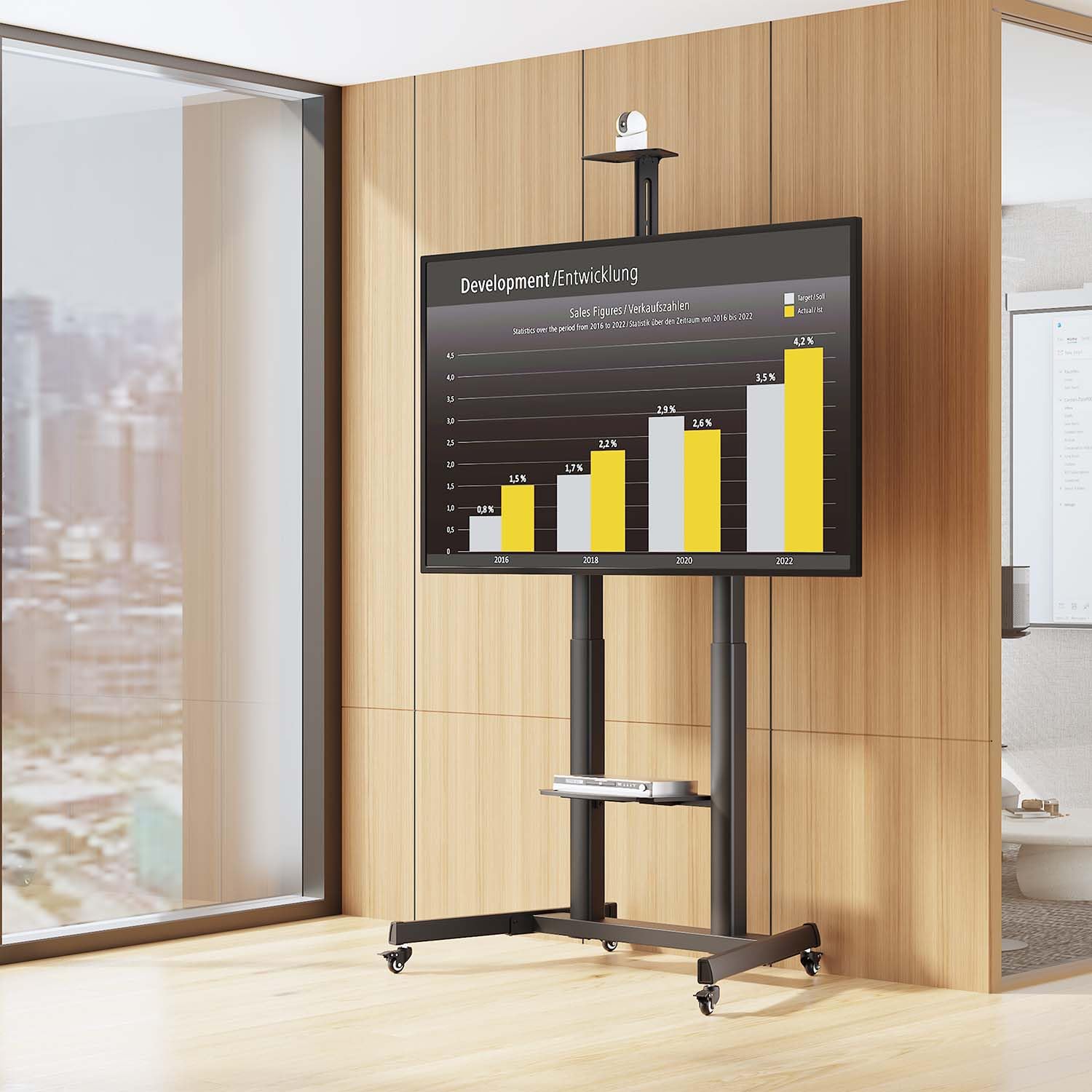 AISENS - FT100TE-403 - Soporte DE Suelo Eco con Ruedas Y MANIVELA, Bandeja para DVD Y Soporte DE CÁMARA para Monitor/TV 120KG DE 60-100, Negro