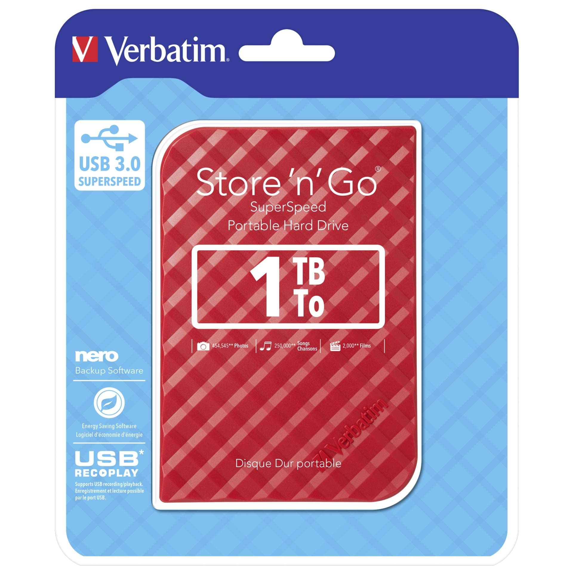 Verbatim Store'n'Go - Disco Duro portátil (USB 3.0, 1 TB) Color Rojo
