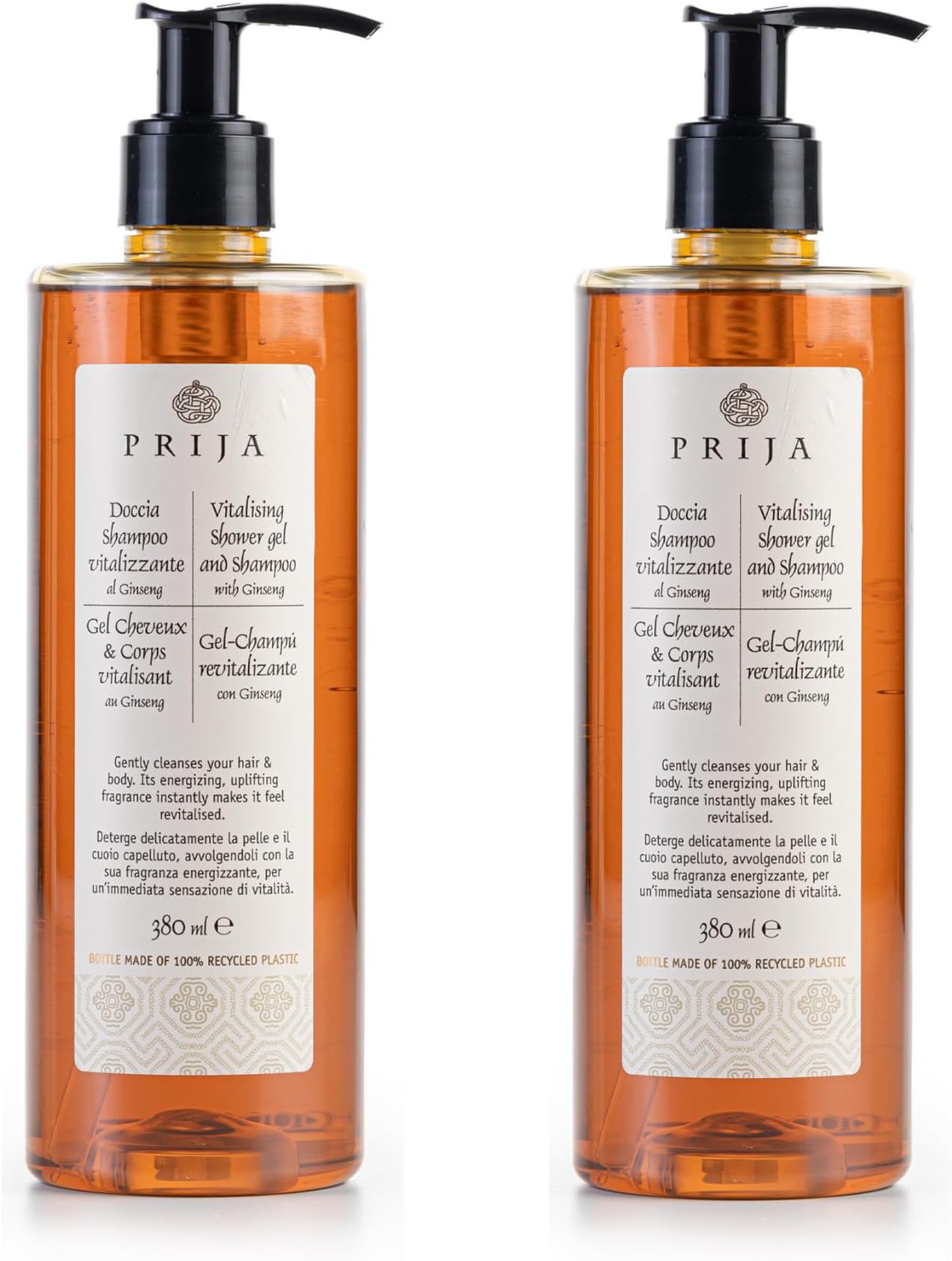 Revitalising 2-in-1 Shower Gel and Shampoo with Ginseng Extract, Moisturising and Energising Hair and Body Wash Gel with Pump Dispenser, Luxury Shower Gel 2 x 380ml
