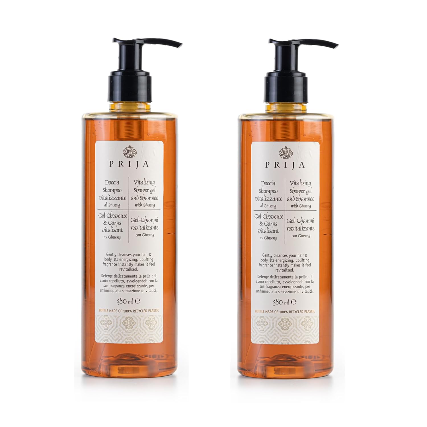 Prija Vitalizing 2 in 1 Shower Gel and Shampoo with Ginseng Extract, Hydrating and Energizing Hair and Body Wash Gel with Pump Dispenser, Luxurious Shower Gel 2 x 12.85 Fl. Oz
